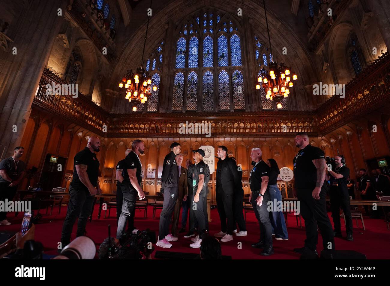 Hamzah Sheeraz (left) and Tyler Denny face off during a press conference at the Guildhall, London. The IBF heavyweight title fight between Anthony Joshua and Daniel Dubois will take place on Saturday 21st September. Picture date: Thursday September 19, 2024. Stock Photo