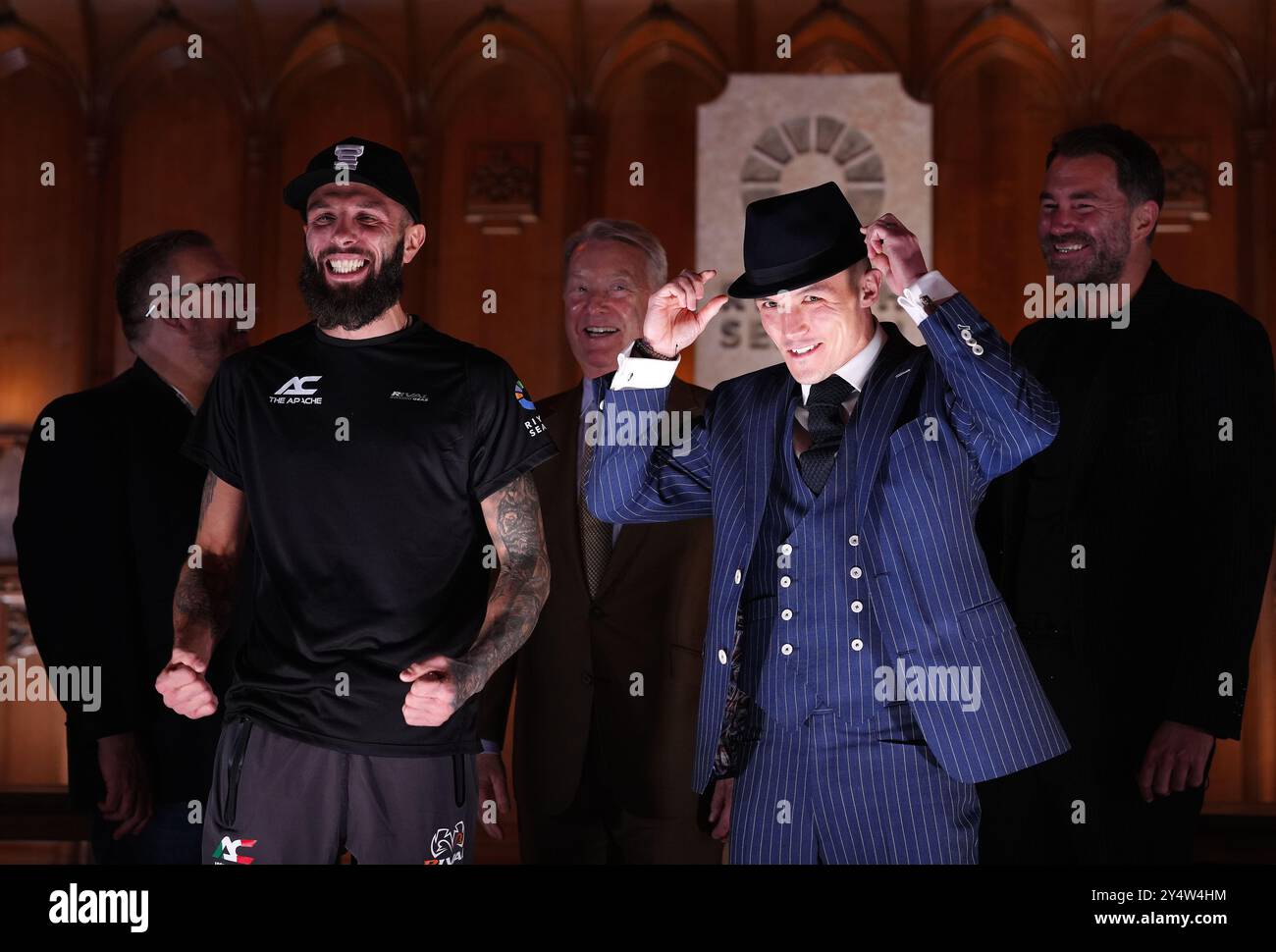 Anthony Cacace (left) and Josh Warrington face off during a press conference at the Guildhall, London. The IBF heavyweight title fight between Anthony Joshua and Daniel Dubois will take place on Saturday 21st September. Picture date: Thursday September 19, 2024. Stock Photo