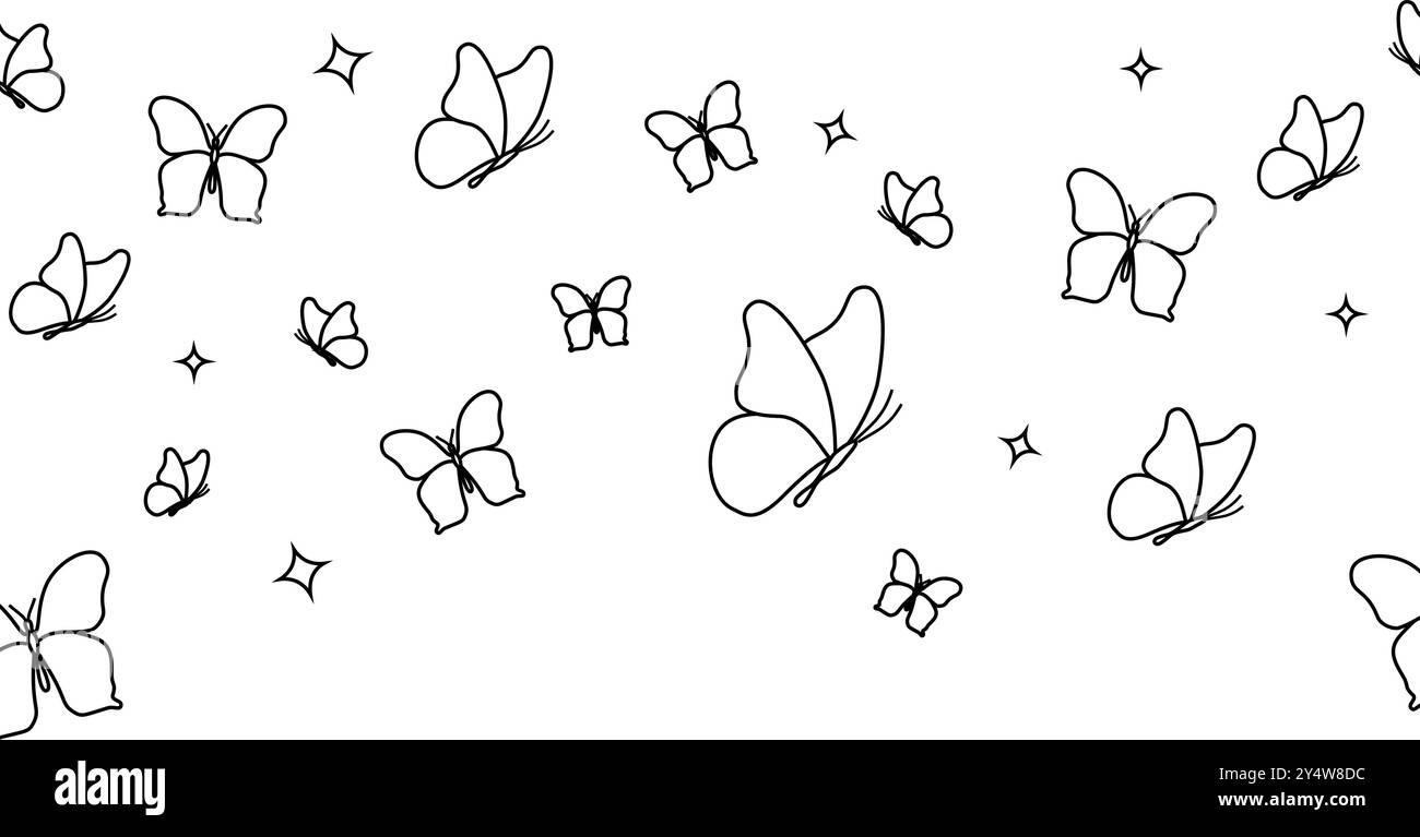 Beauty floral pattern on the white background. Border with flying butterflies. Black silhouette. Decorative element in minimalist style. Vector illust Stock Vector