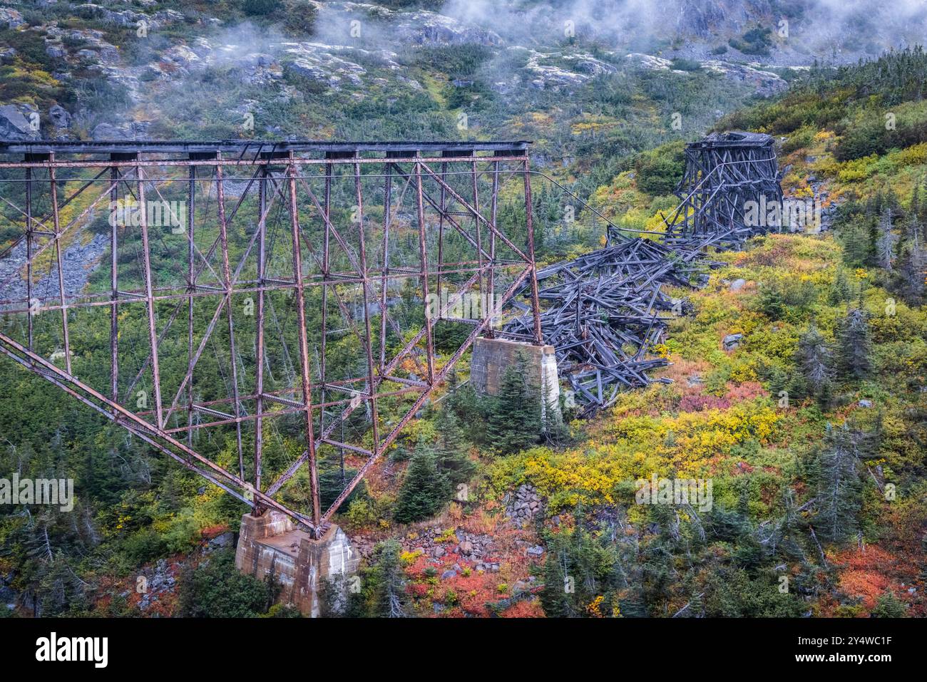 Up in the clouds on the historic railroad near White Pass Summit, Alaska. Stock Photo