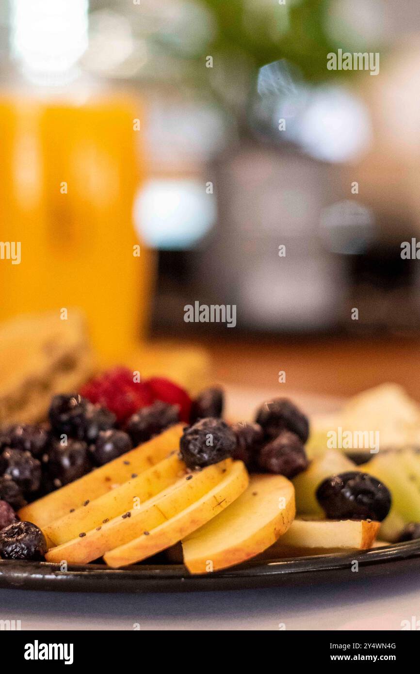 Traditional cafeteria for breakfast and snack in close-up food photography shots. Office work on coffee table. Share breakfast outdoors with cakes, wa Stock Photo