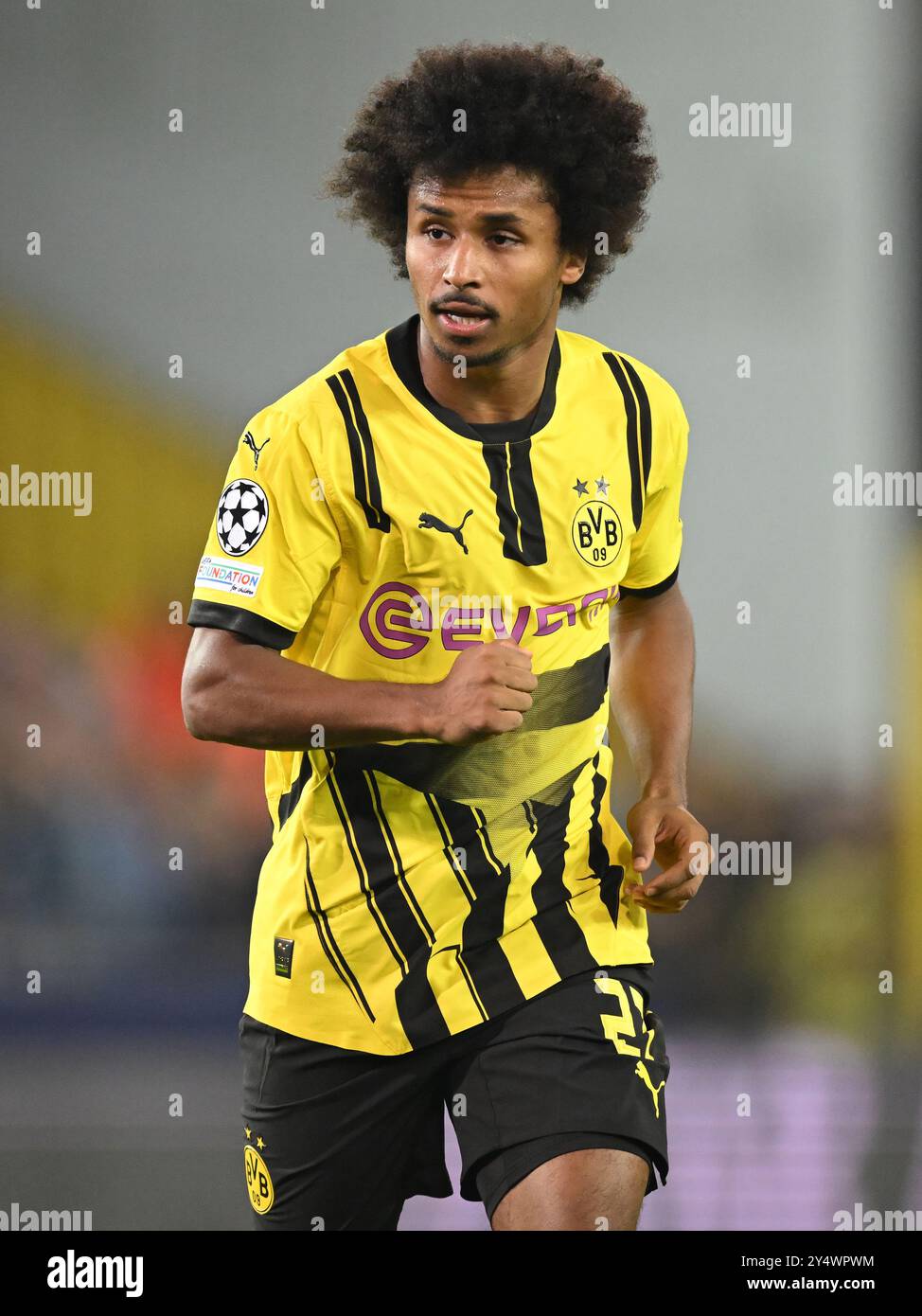 BRUGGE - Karim Adeyemi of Borussia Dortmund during the UEFA Champions League match between Club Brugge and Borussia Dortmund at the Jan Breydel Stadium on Sept. 18, 2024 in Bruges, Belgi'. ANP | Hollandse Hoogte | Gerrit van Keulen Stock Photo