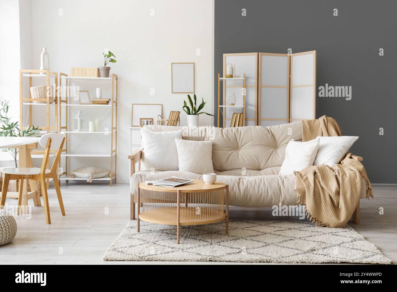 Interior of modern light living room with sofa and table Stock Photo ...
