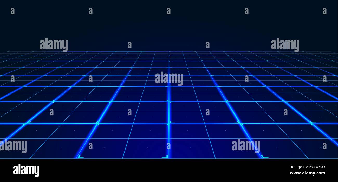 Perspective grid. Digital wireframe landscape. Cyber surface. Mesh on a blue background. Stock Vector