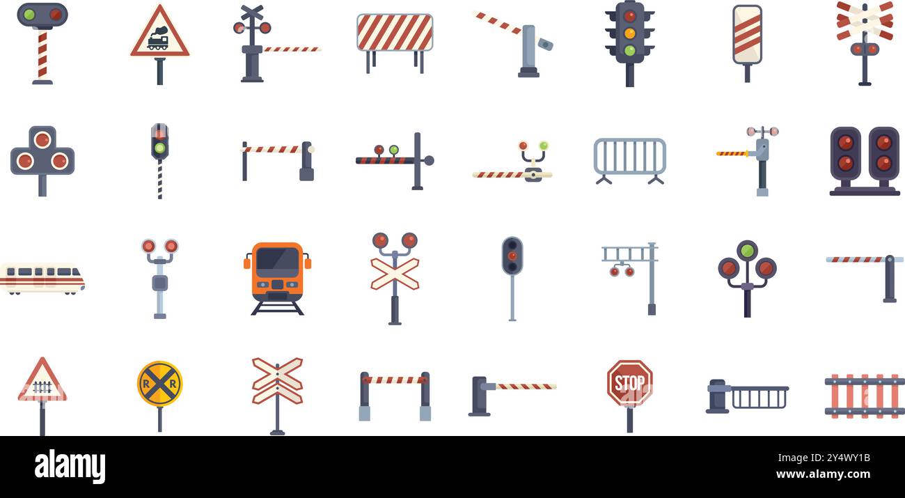 This set features various railway traffic lights and signs, essential for ensuring safety and regulating train movements on railroads Stock Vector