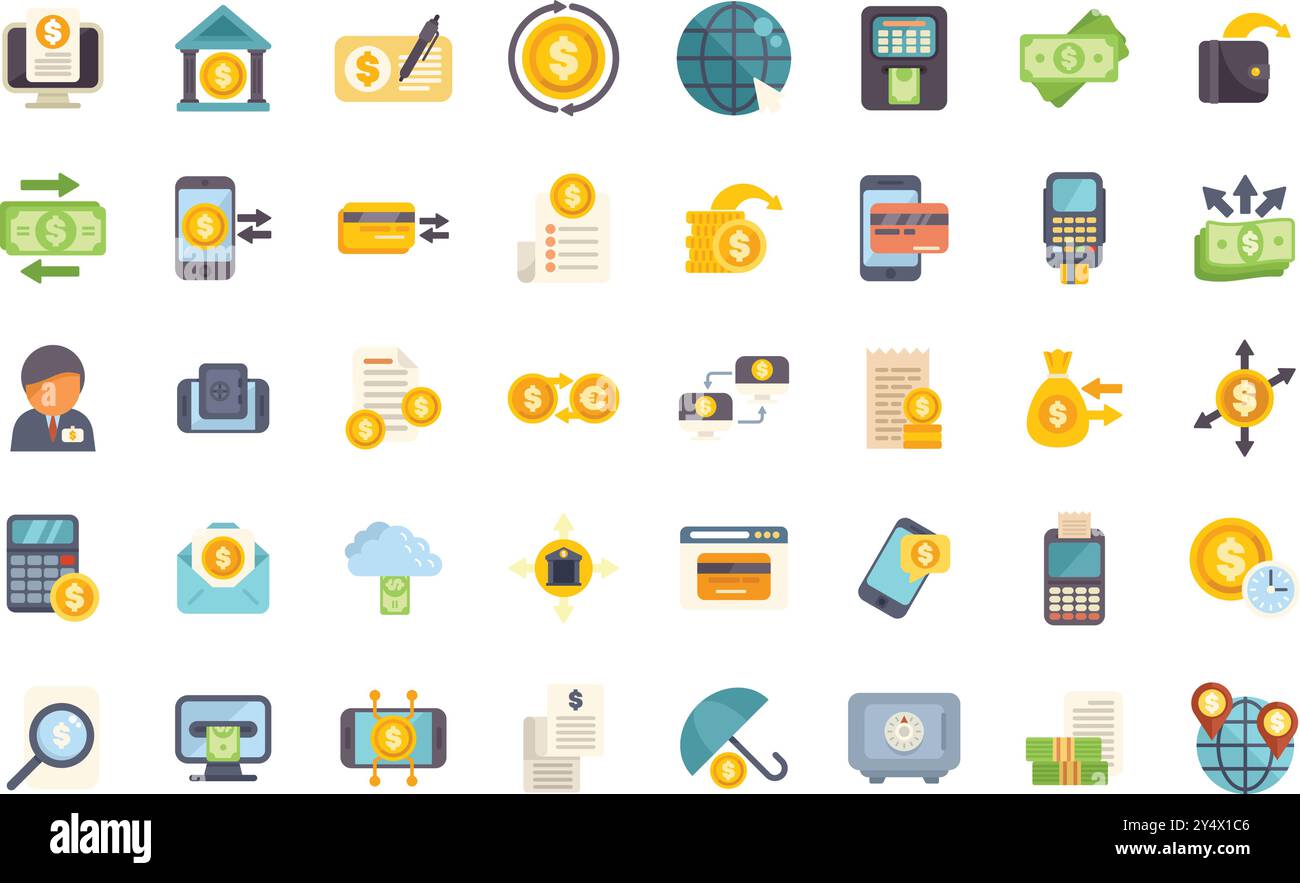 This set of icons depicts various aspects of money transactions ...