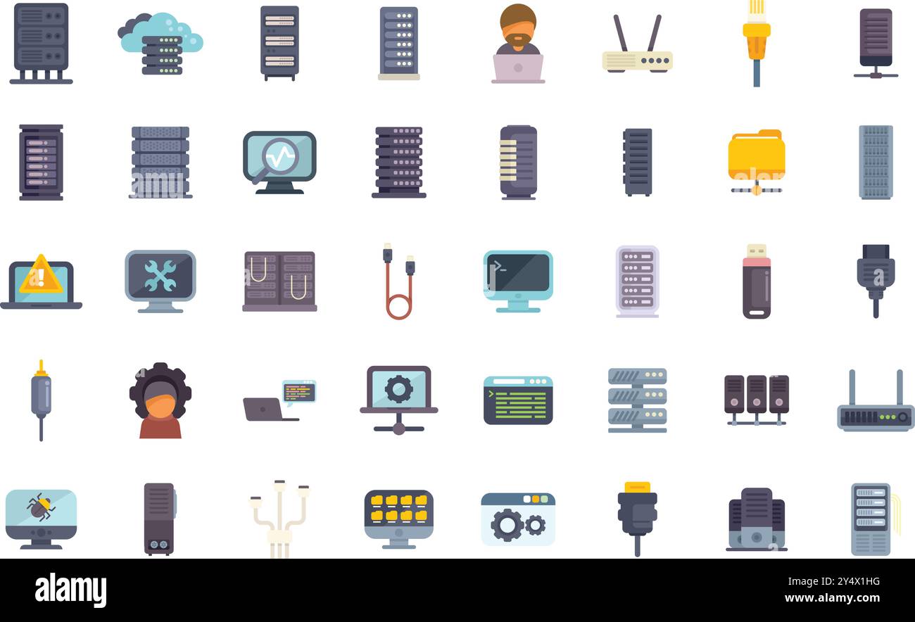 Data center hosting server network connection concept icons set in flat style Stock Vector