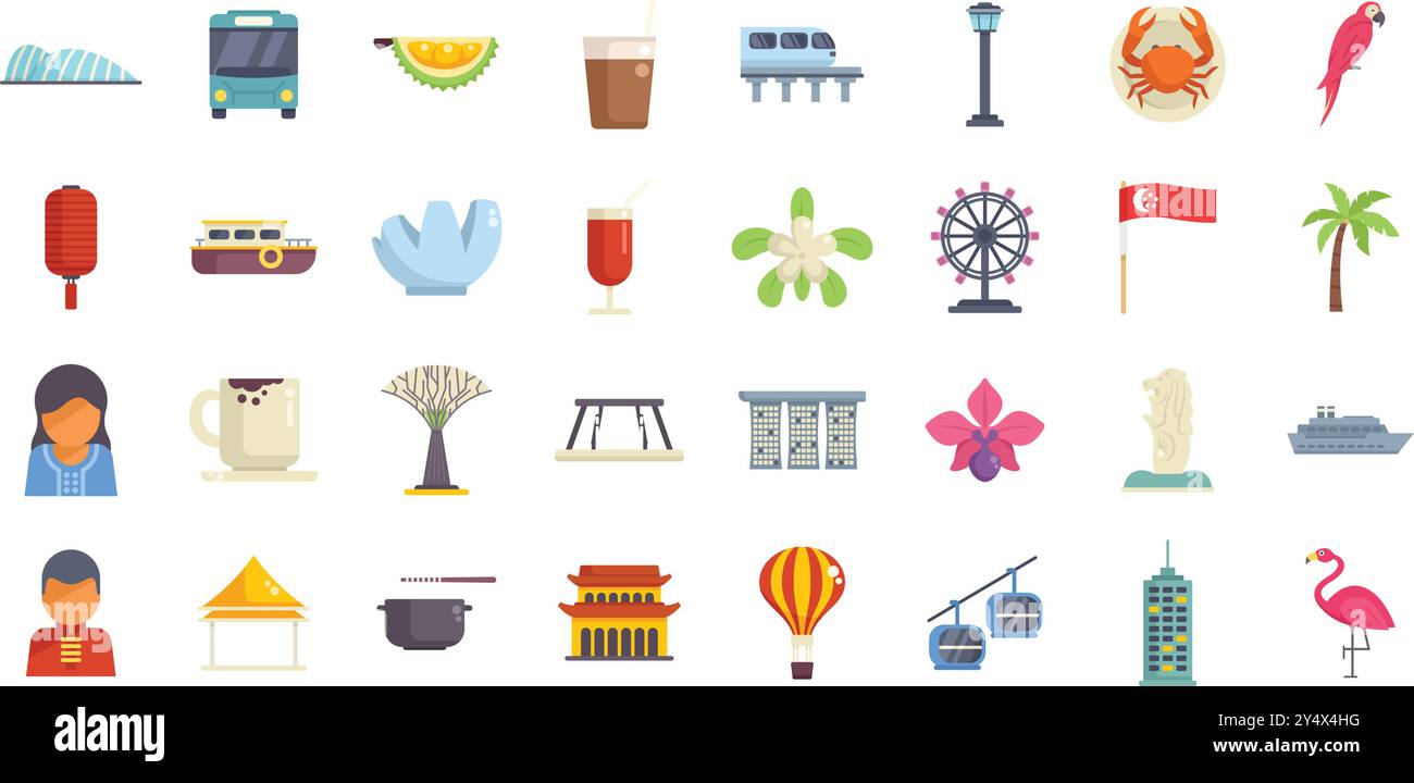 Discover singapore with this vibrant set of travel icons, showcasing ...