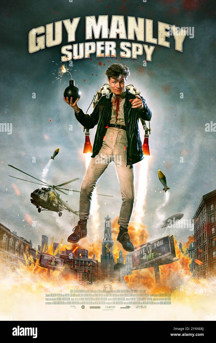 Guy Manley - Super Spy (2024) directed by David Andersson and starring Baltazar Ploteau, Anton Sjölund and Milton Björnegren. Ex-spy Guy Manley is assigned one last mission by his former boss Buck Cash. The mission is to kill Buck's brother Rich Cash to prevent him from being elected as the new mayor, and thereby becoming the most powerful person in the world. US one sheet poster ***EDITORIAL USE ONLY***. Credit: BFA / Level 33 Entertainment Stock Photo
