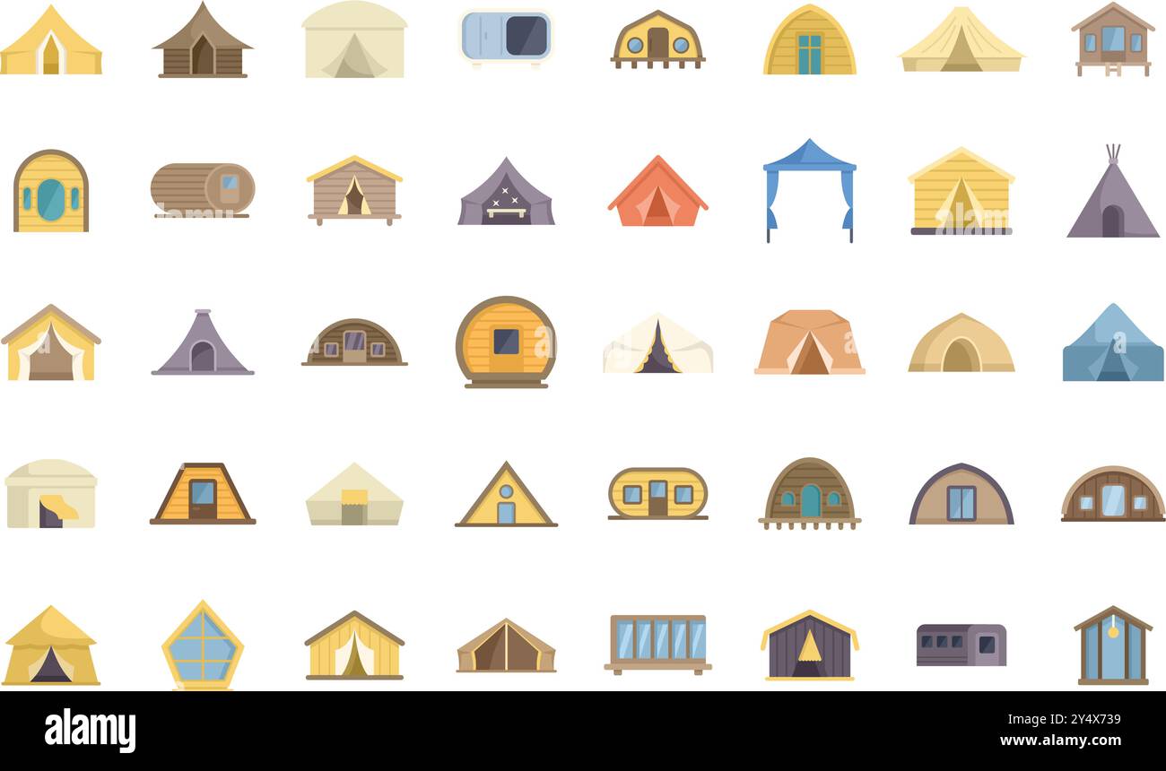 This set of camping tent icons showcases a variety of tent styles, perfect for representing camping, glamping, festivals, or travel accommodations Stock Vector