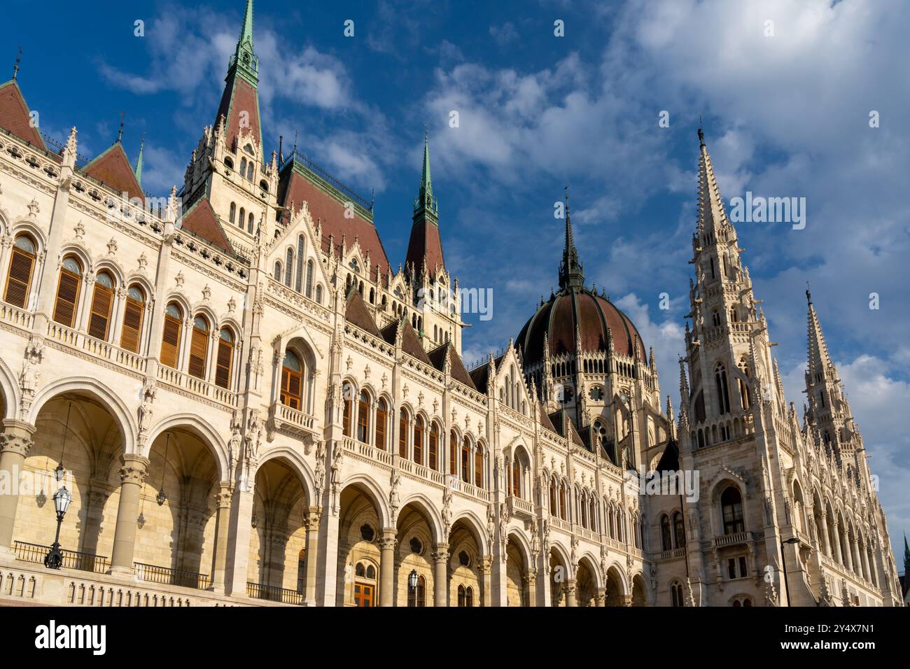 Top portion of the Hungarian Parliament Building in Budapest, Hungary. Stock Photo