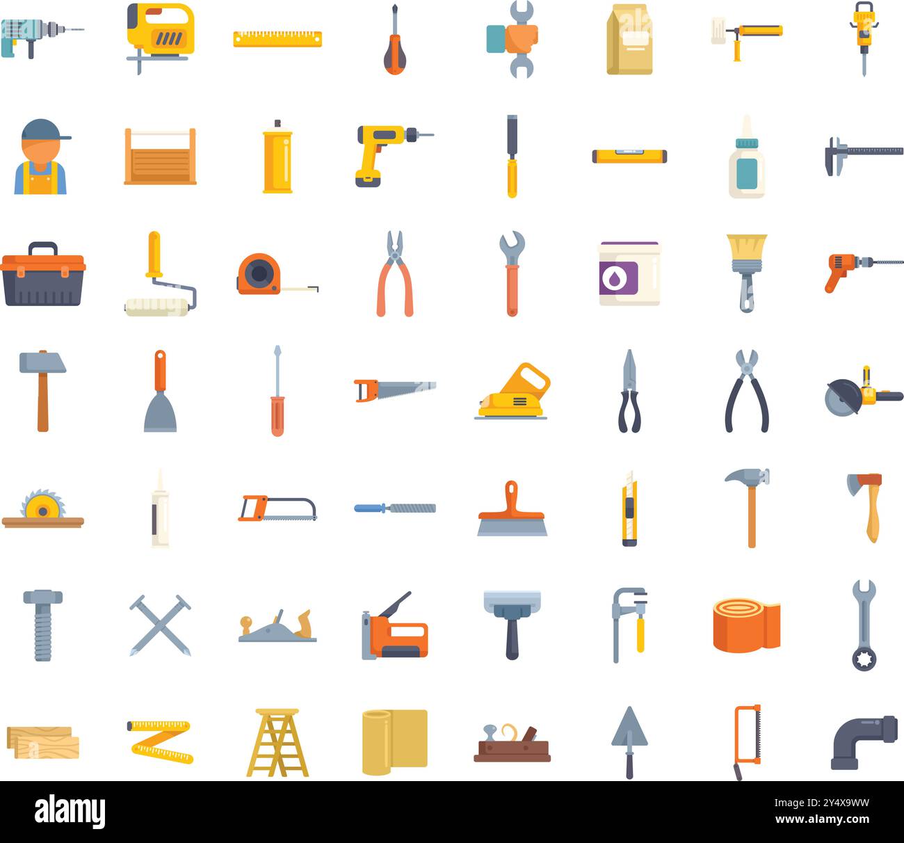 Large set of colorful icons depicting various tools for construction ...
