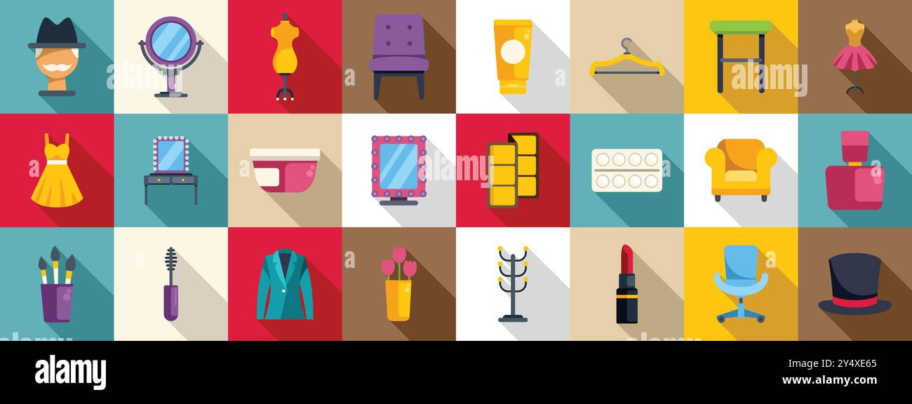 Backstage theater room icons set. This set of icons represents objects ...
