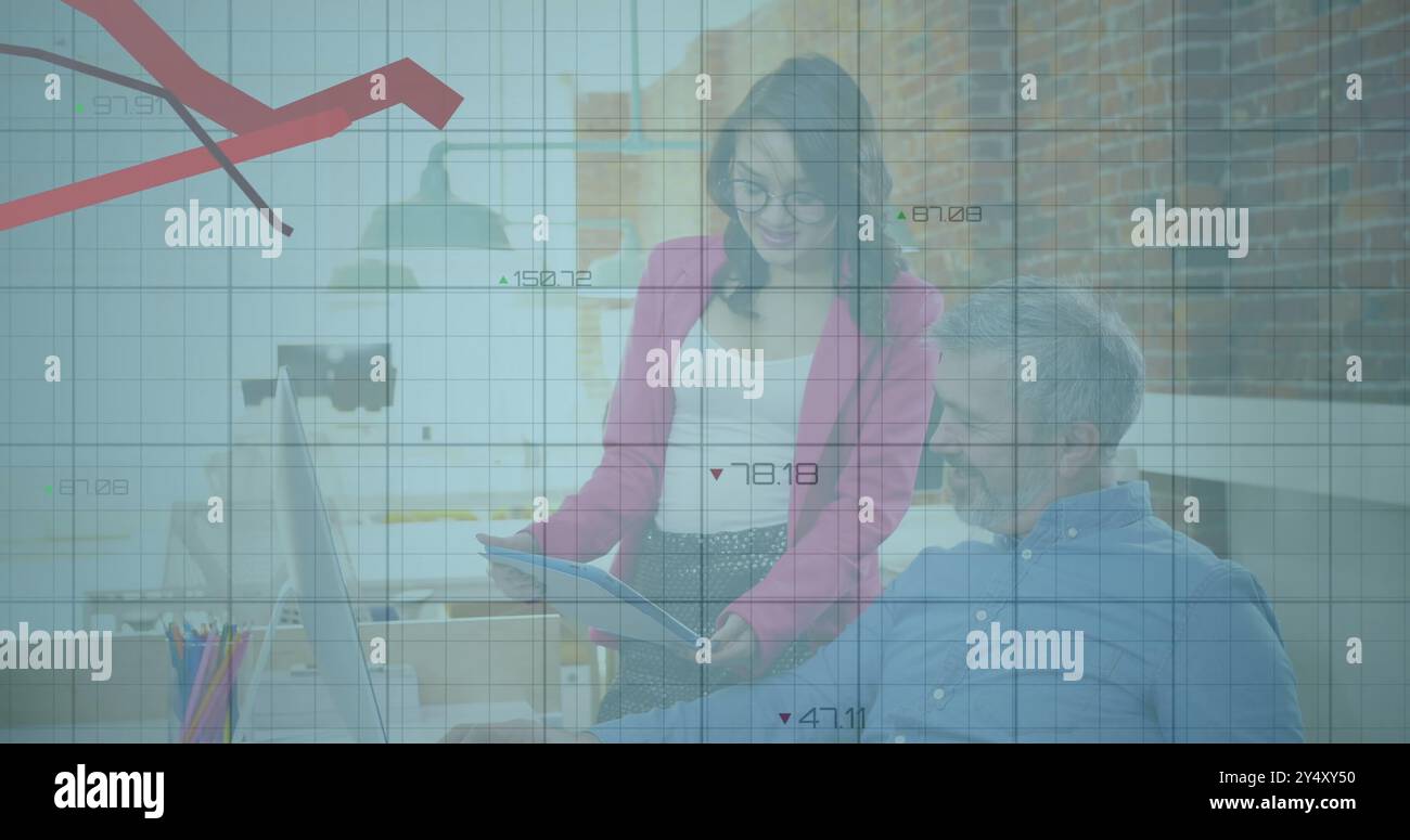 Business data and graph image over colleagues discussing work in modern ...