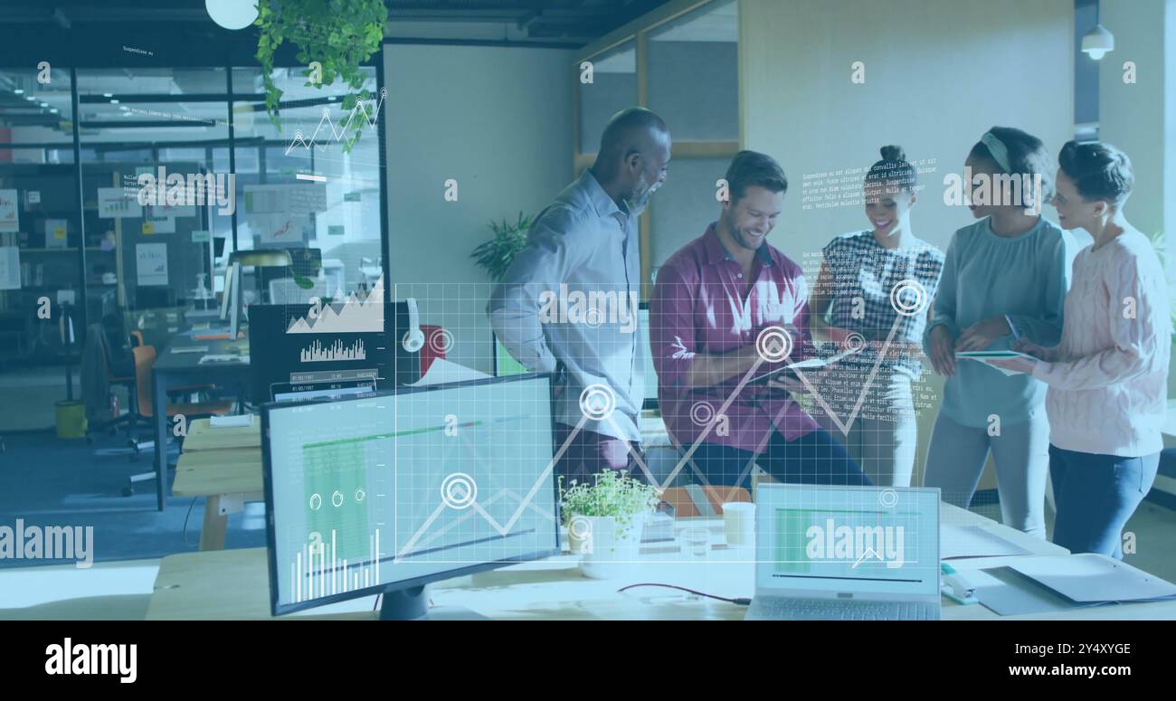 Business data analytics image over diverse team collaborating in modern office Stock Photo