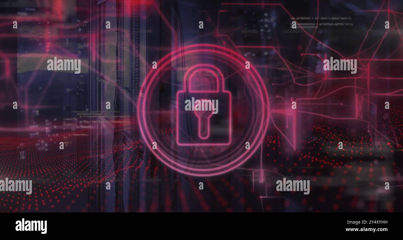 Image of padlock icon and data processing over computer servers Stock Photo