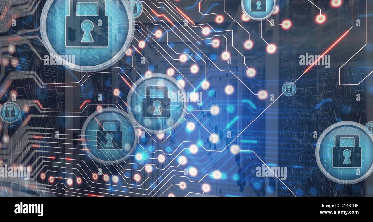 Image of padlock icons and data processing over computer servers Stock Photo