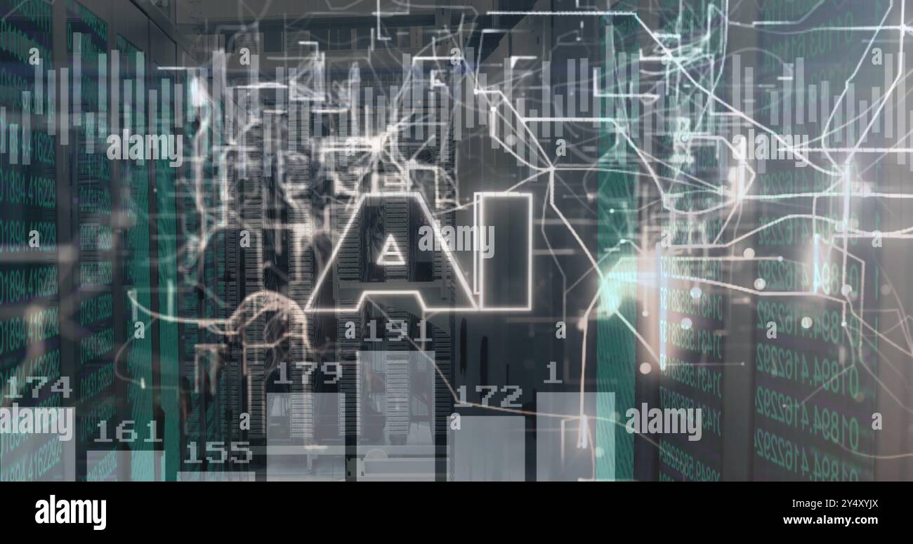 Image of ai text and data processing over computer servers Stock Photo