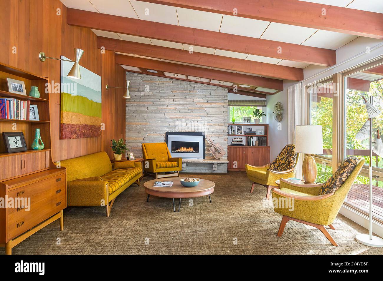 Image showcasing Living room of mid-century house with cherry paneling and vaulted ...