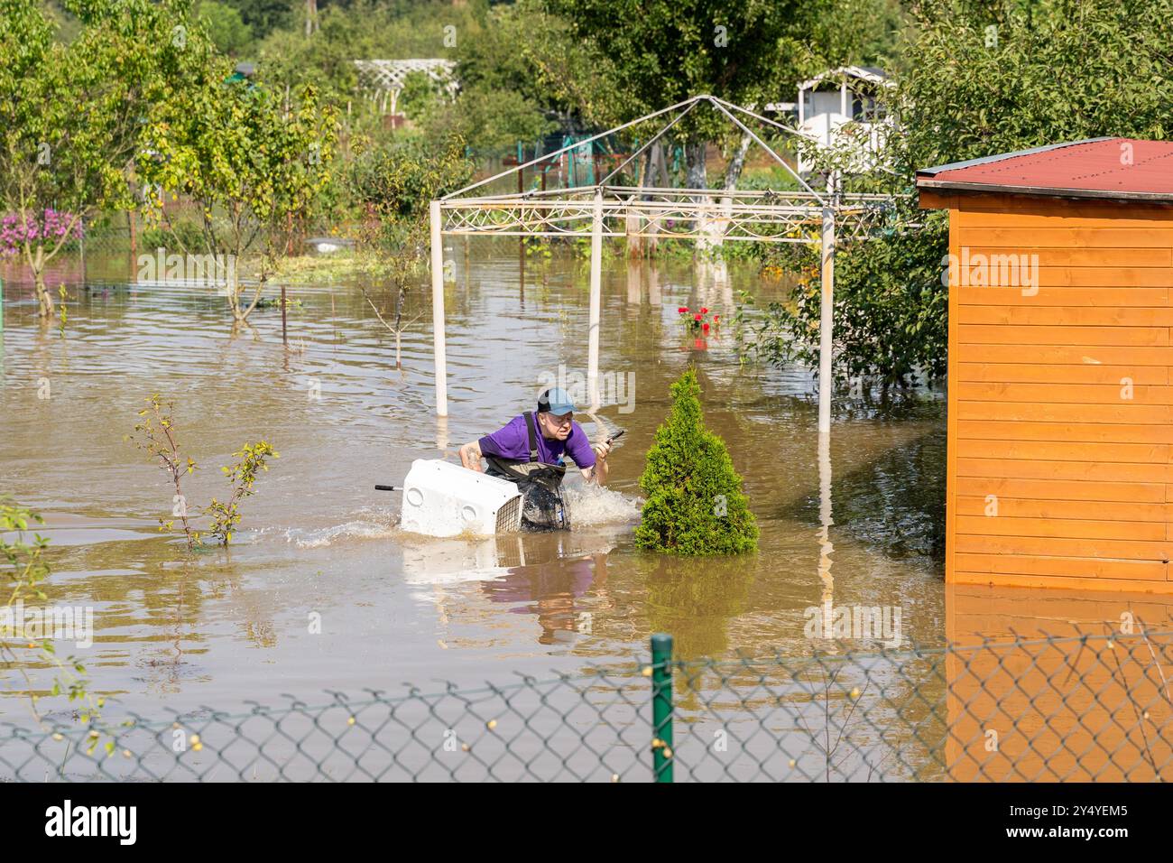 General view of flooded allotment gardens. Wroclaw is preparing for a flood wave on the rivers caused by heavy rains in this part of Europe. For several days, powerful and destructive floods have been sweeping through southern Poland, devastating entire villages and towns. In Poland, 10 people have already died as a result of the floods, and the damages are immense. Many people have been left without homes, having lost their life's possessions. In response, a nationwide mobilization has begun in Poland, with not only the military but also civilians offering assistance. Some are filling sandbag Stock Photo