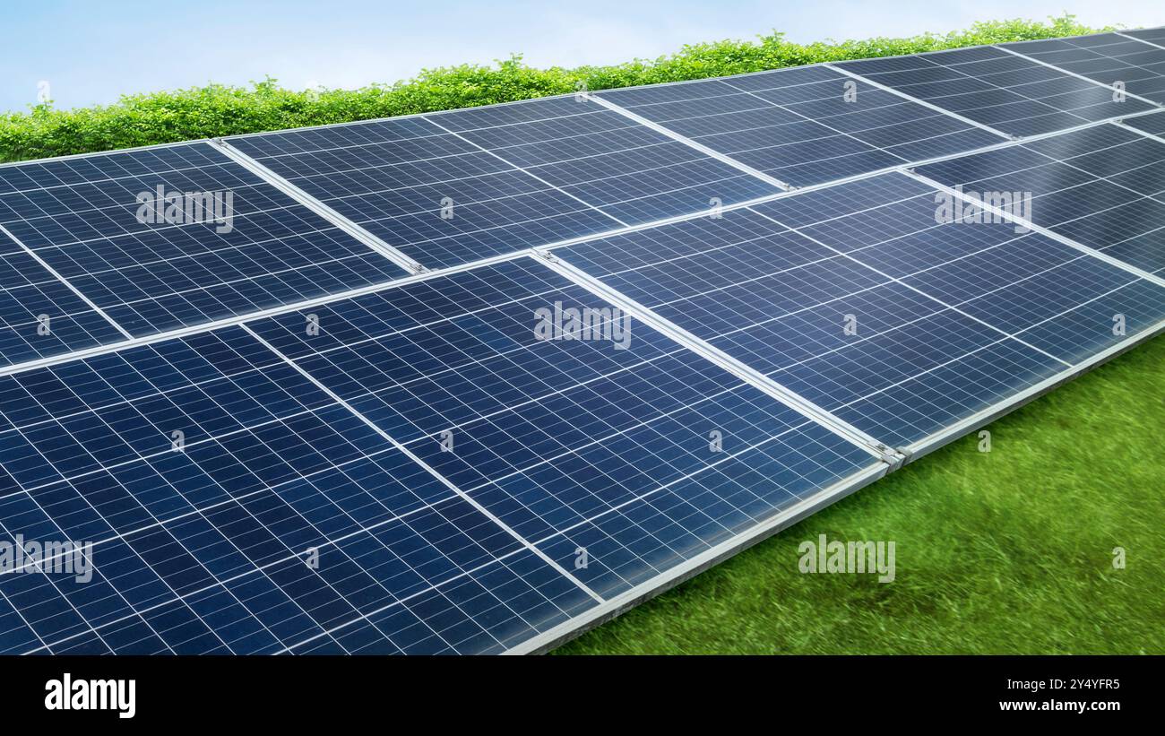 A row of solar panels or solar cells with a green grassy area in between. The panels are blue and are arranged in a grid pattern. Photovoltaic module. Stock Photo