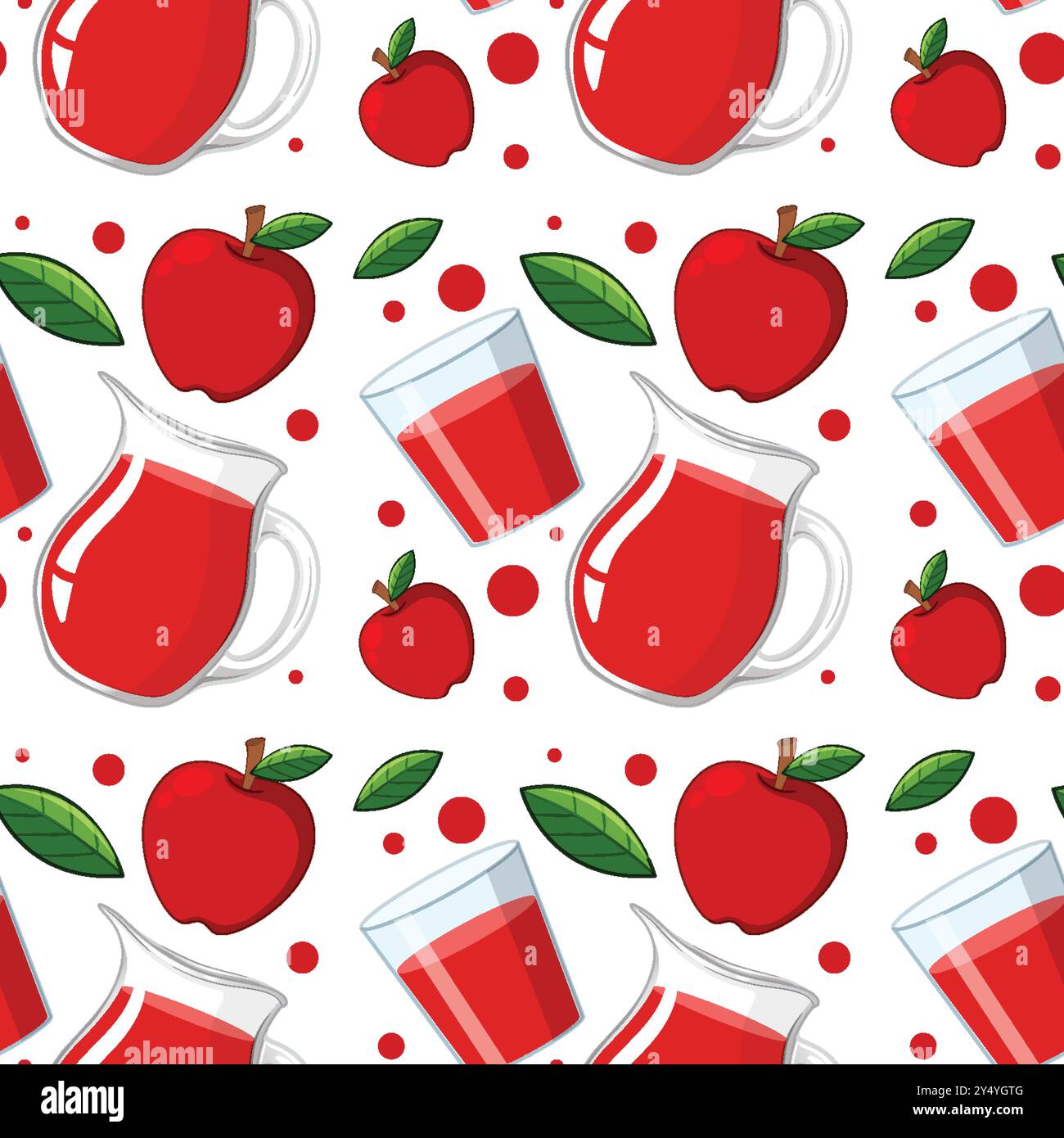 Apples, juice, and leaves in a pattern Stock Vector