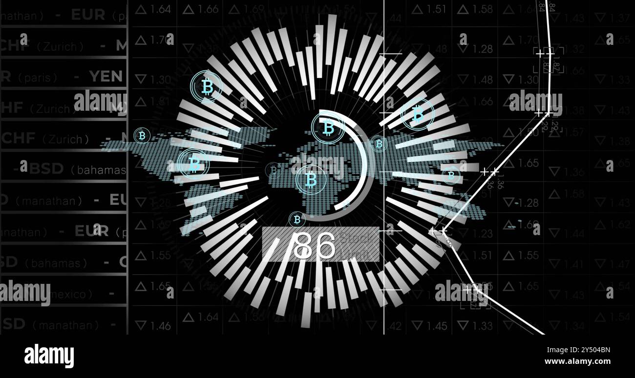 Image of data processing with bitcoin icons over world map on black background Stock Photo