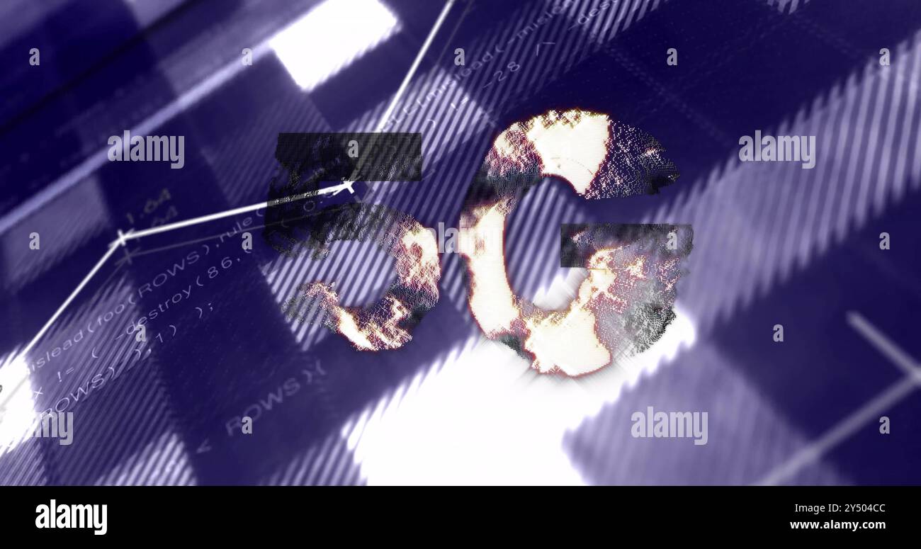 Programming code and 5g text image over abstract background with glitch effect Stock Photo