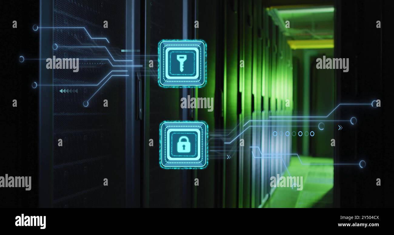 Digital security icons image over data center servers with green lighting Stock Photo