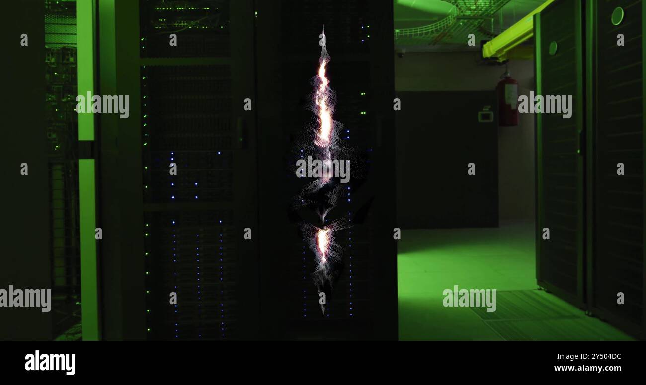 Abstract geometric shape image over server room with green lighting Stock Photo