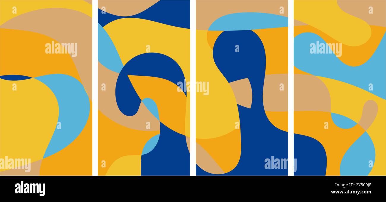 Four squares with abstract shapes in blue, yellow and brown. Suitable ...
