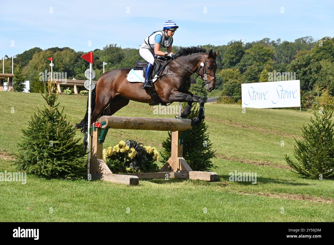 Gemma Gurvidi on Moby Dick, cross country phase of the CCI-S YH3* (7yo) competition, Cornbury House Horse Trials 2024, Charlbury, Oxfordshire Stock Photo