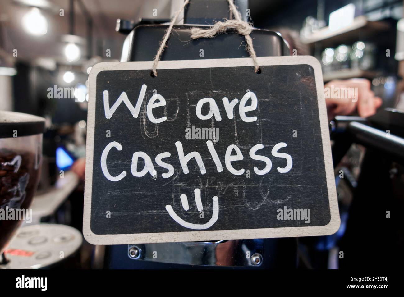 Cashless sign at a cafe. England, UK Stock Photo