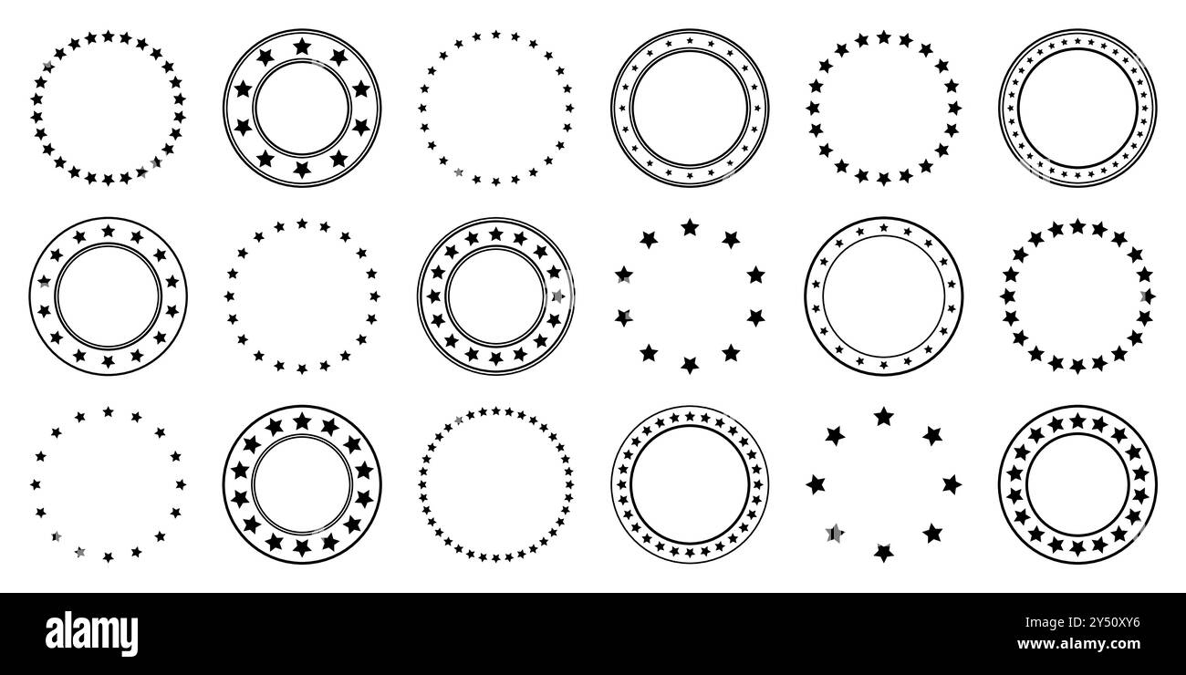 Stars Rounded Pattern Stars of various sizes arranged in a circle. Round frame, border. Black ...