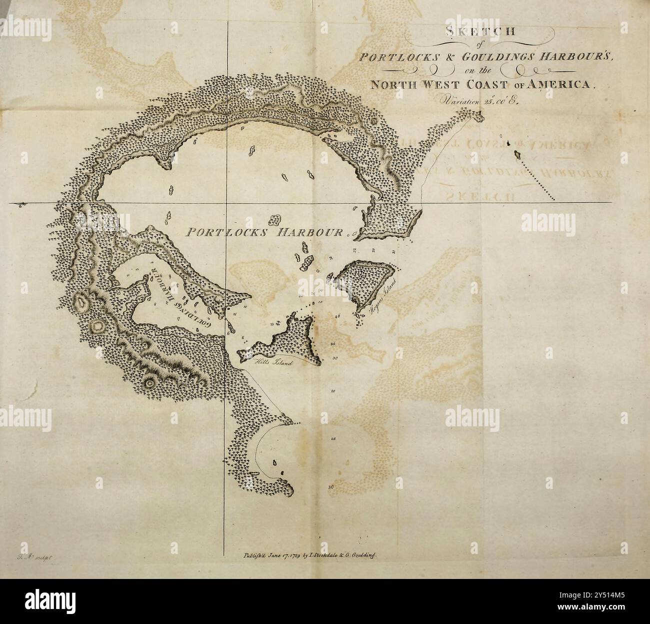 Map of Portlocks and Gouldings Harbour from A Voyage Around the World by Captain George Dixon, and Captain Nathaniel Portlock (c. 1748 – 12 September 1817) was a British ship's captain, maritime fur trader, and author. He entered the Royal Navy in 1772 as an able seaman, serving in HMS St Albans. In 1776 he joined HMS Discovery as master's mate and served on the third Pacific voyage of James Cook. During the expedition, in August 1779, he was transferred to HMS Resolution. He passed his lieutenant's examination on 7 September 1780, then served on HMS Firebrand in the Channel fleet. In Septembe Stock Photo