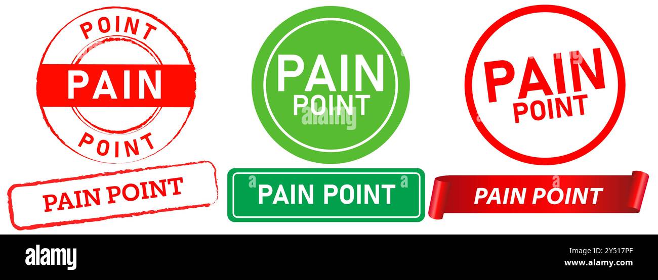 Pain point customer business problems stamp green red badges sign emblem sticker design set collection Stock Vector