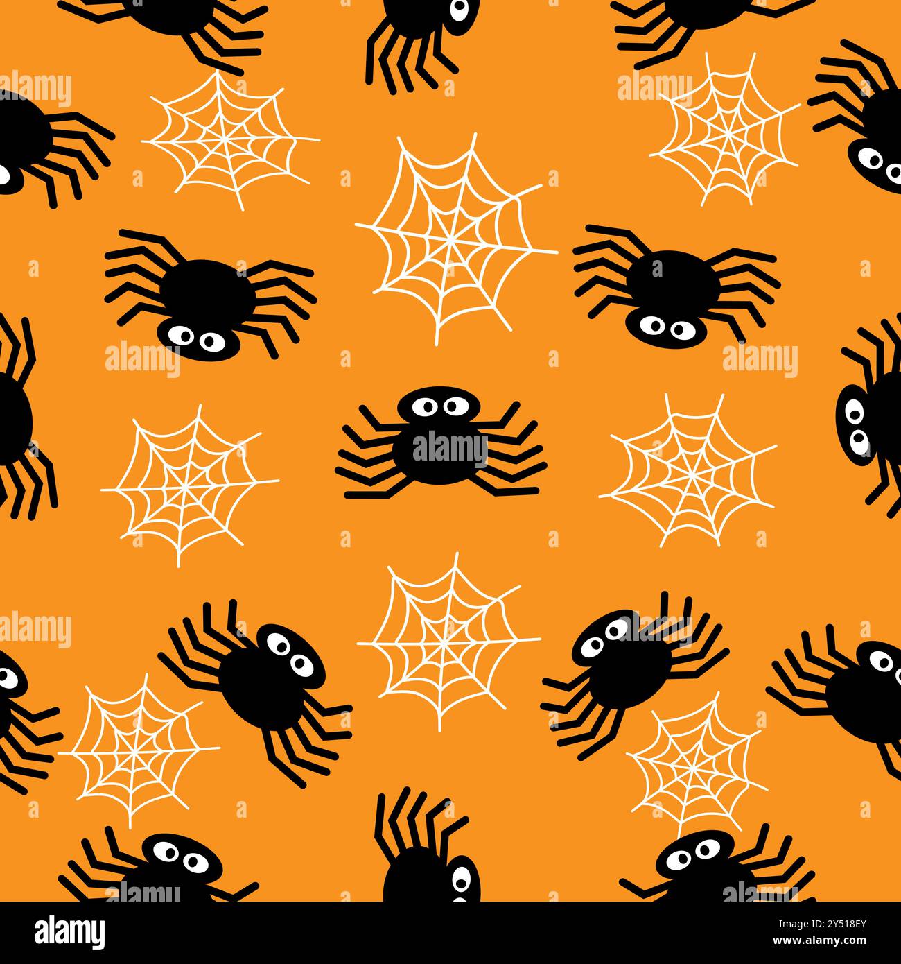 Seamless pattern with spiders and webs on an orange background. Vector illustration Stock Vector