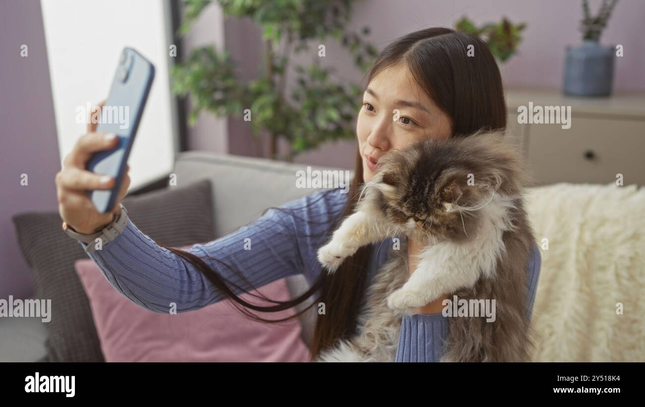 Young asian woman taking a selfie with her cat in a cozy home living ...