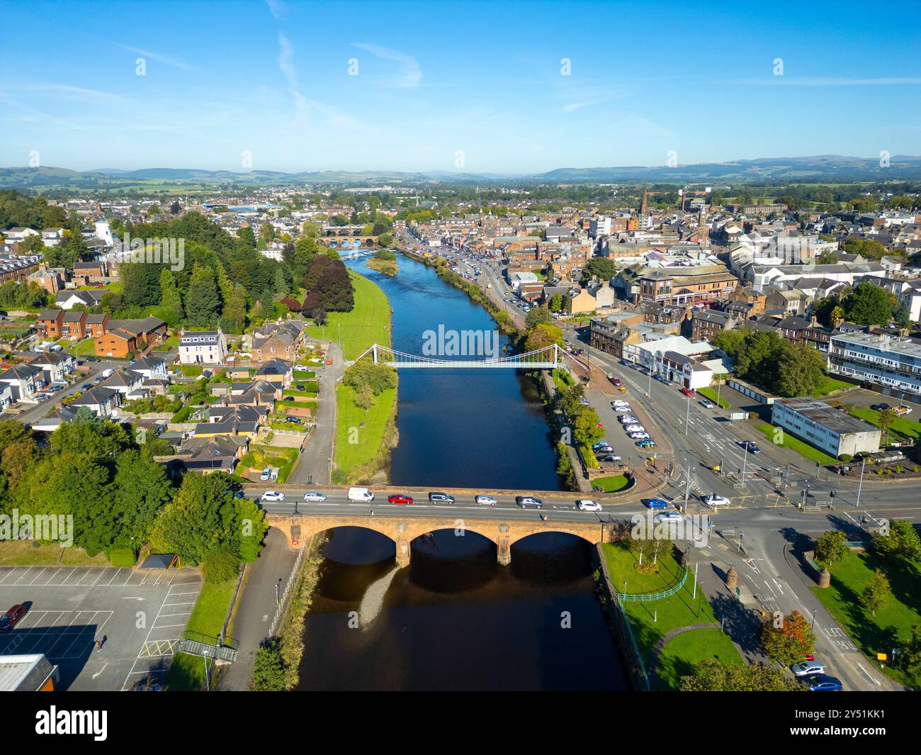 Aerial view from drone of Dumfries on River Nith Dumfries and Galloway ...