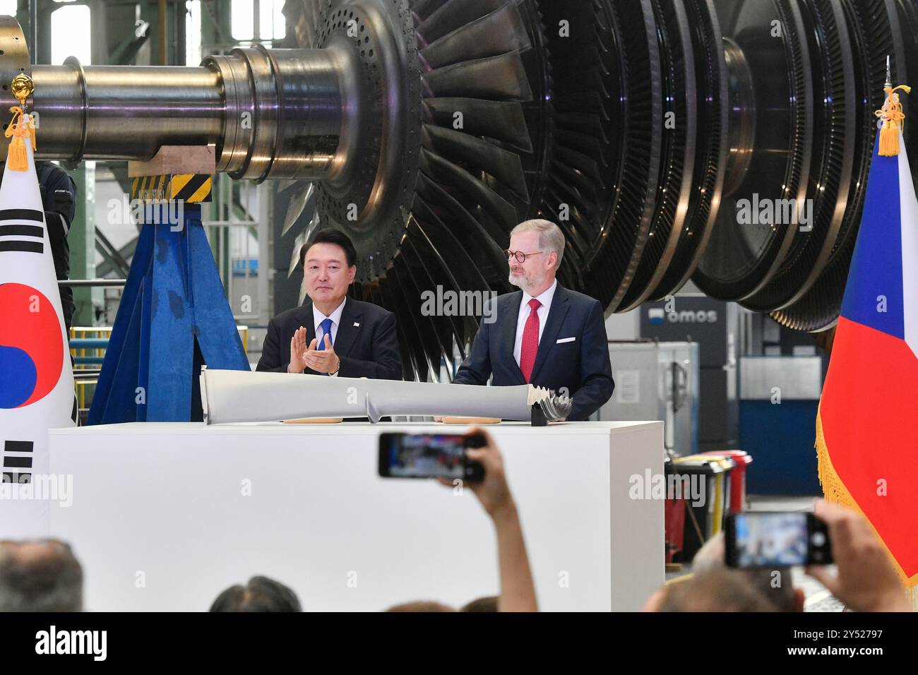 Pilsen, Czech Republic. 20th Sep, 2024. South Korean President Yoon Suk Yeol (left) and Czech Prime Minister Petr Fiala (right) visit factories of Doosan Skoda Power and Skoda Jaderne strojirenstvi., in Pilsen, Czech Republic, on September 20, 2024. Credit: Miroslav Chaloupka/CTK Photo/Alamy Live News Stock Photo