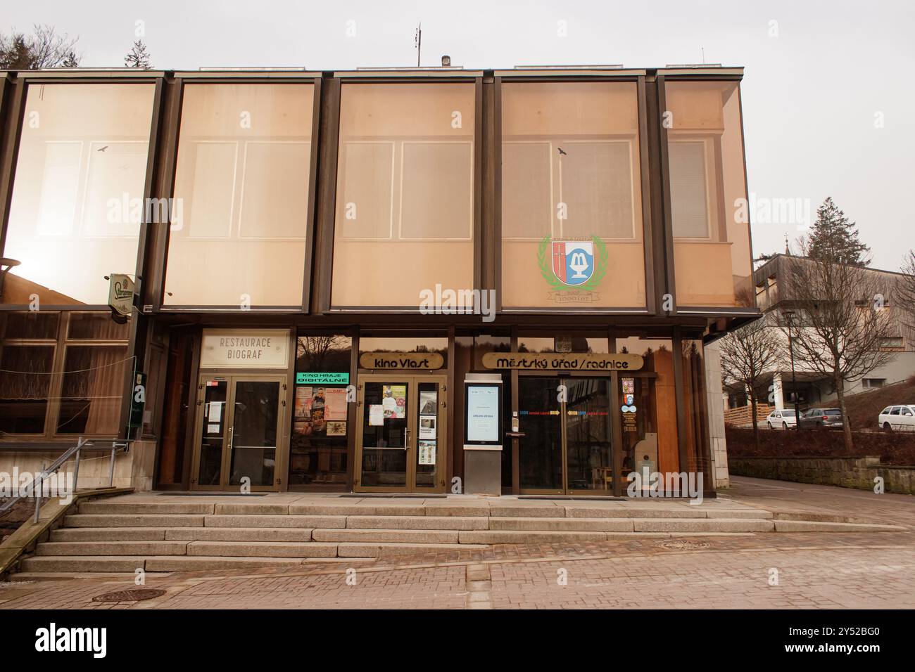 Modern town hall building with restaurant and cinema entrance Stock Photo