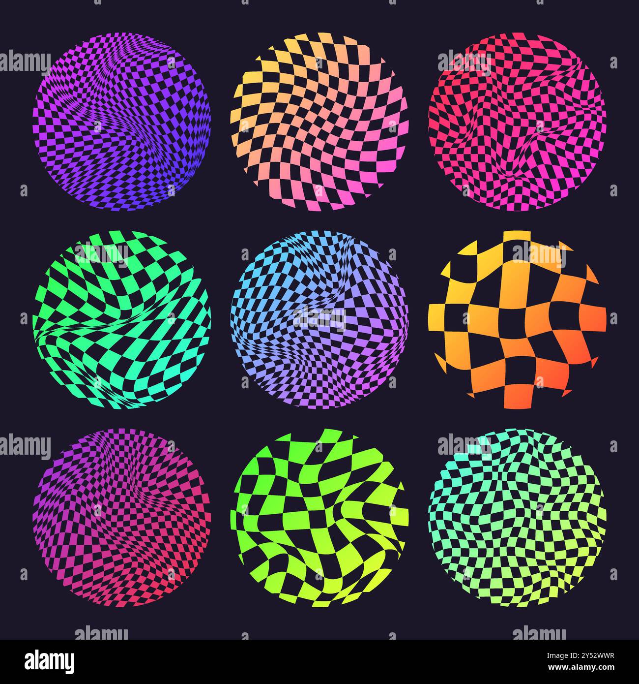 Groovy checkered pattern, neon round tiled grid. Vintage wavy curved ...