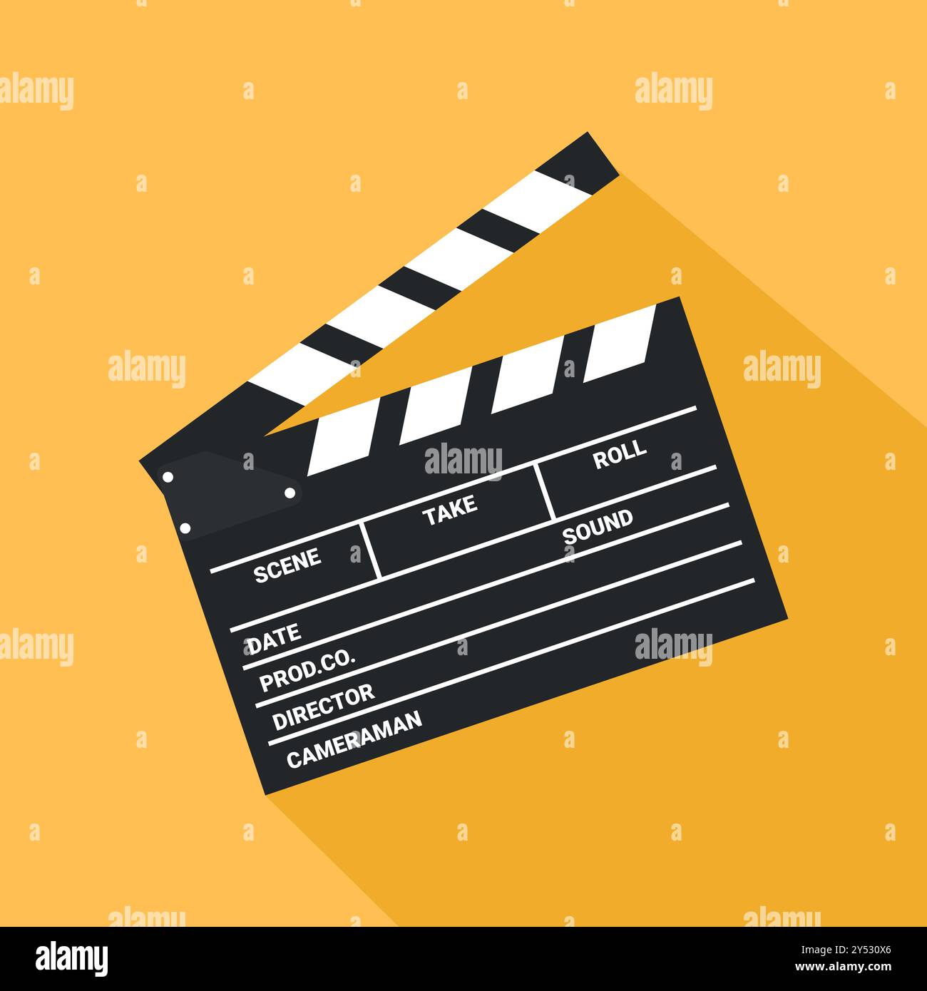 Clapper board, film slate icon on yellow background. Filmmaking equipment icon. Cinema symbol. Vector illustration Stock Vector