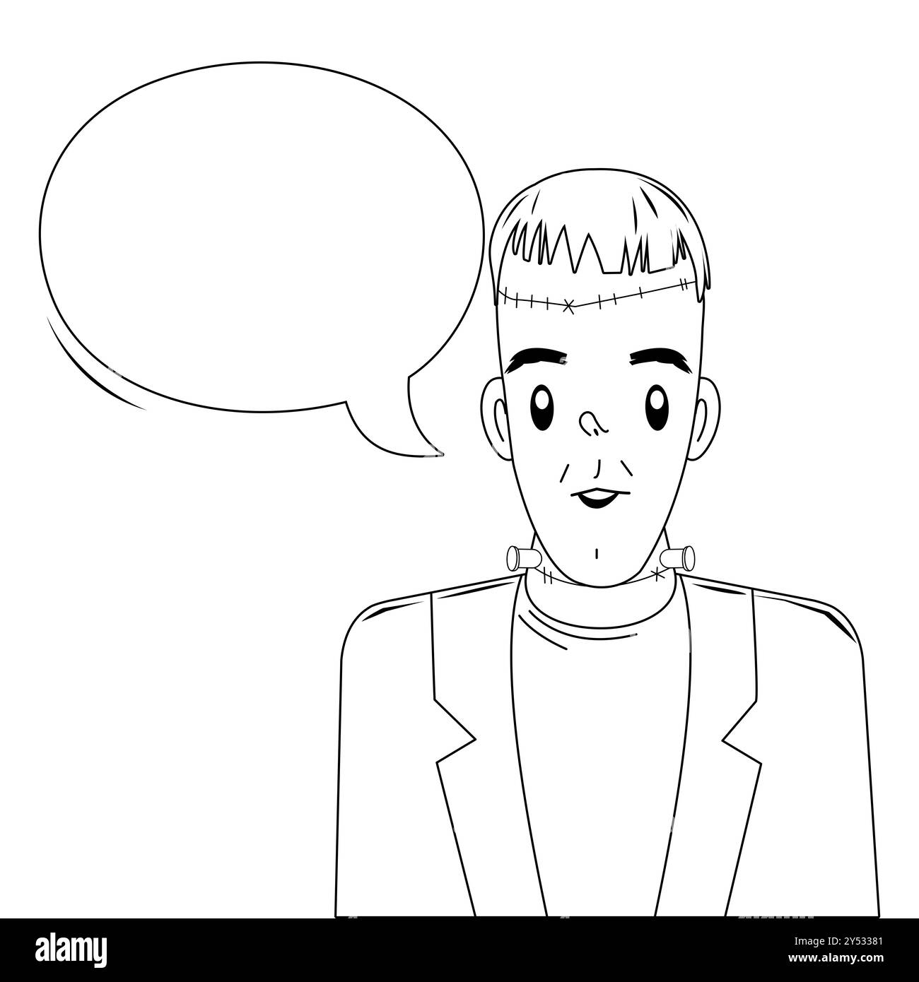 Halloween monster and speech bubble. Spooky cartoon Frankenstein. Costume party. Black and white coloring page. Stock Photo