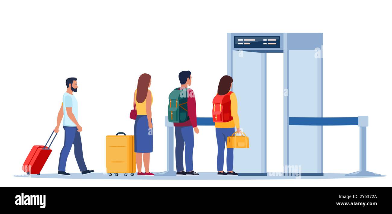 Airport security metal detectors in airport lounge. Passengers passing through scanner checkpoint gate at airport. Full body scanners. Security check Stock Vector