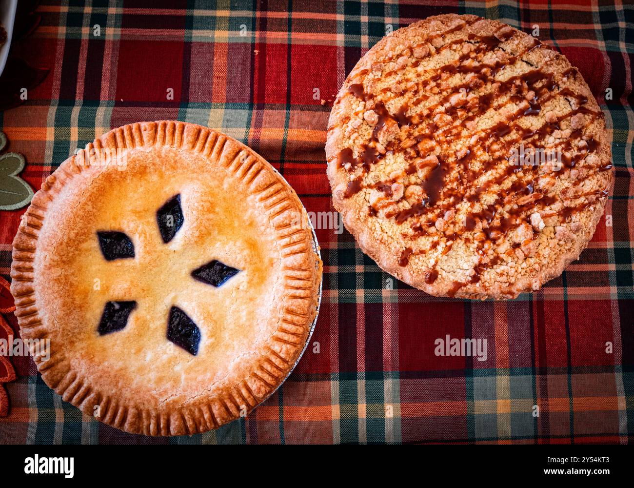 thanksgiving pies on table cloth Stock Photo