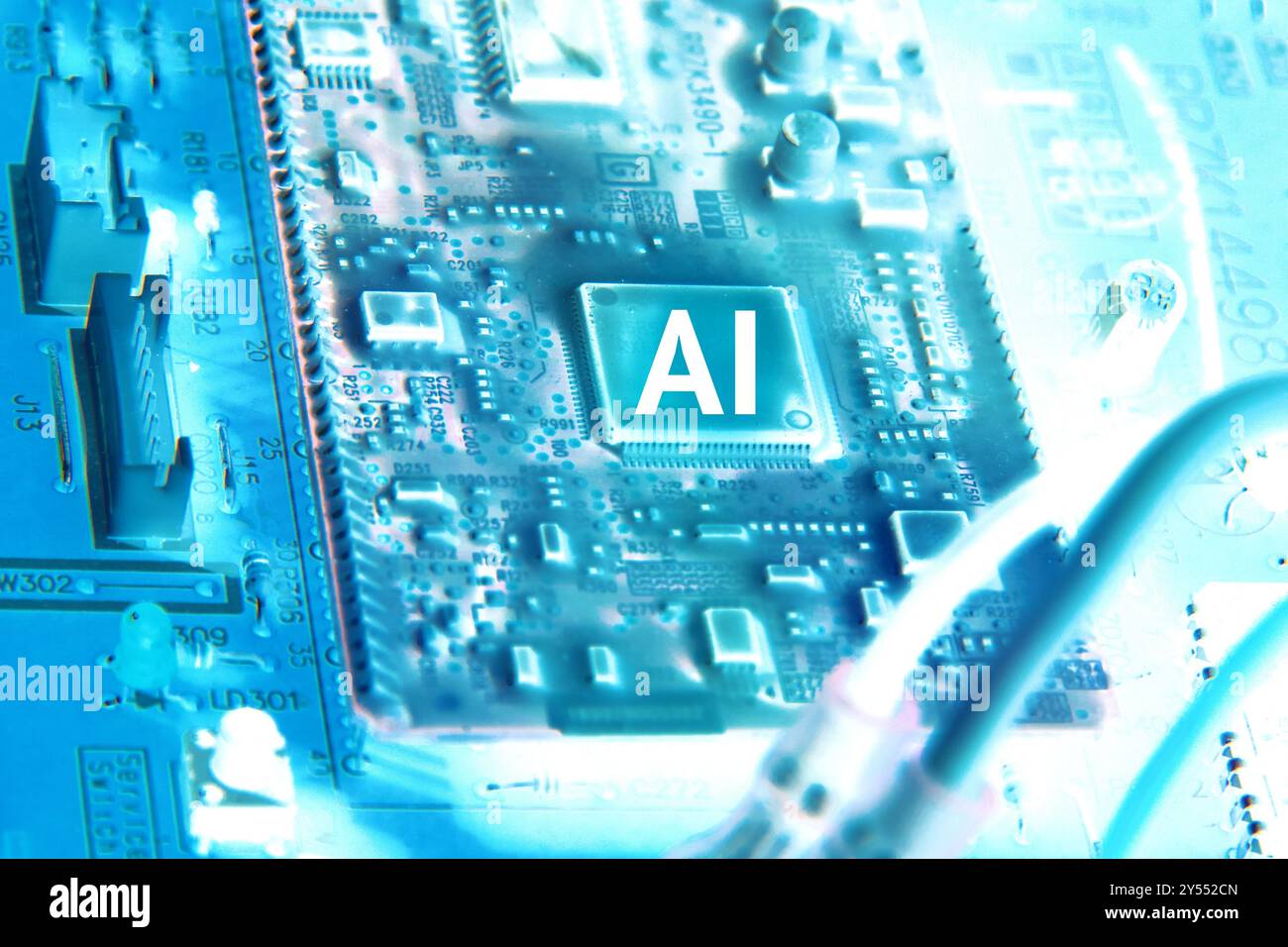 Macro focus to a "AI" motherboard, intelligence artificial concept. Stock Photo