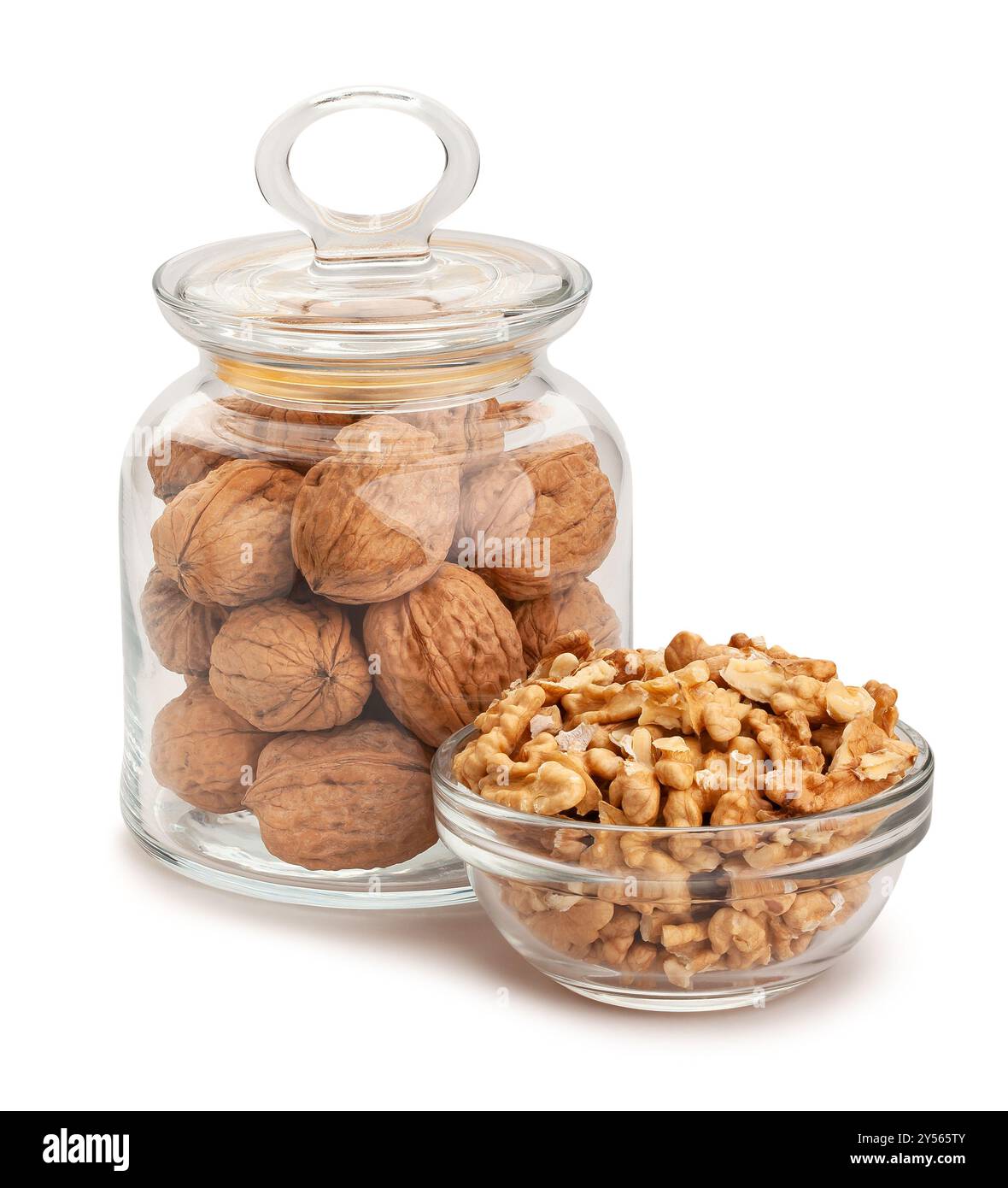 walnuts glass jar bowl path isolated on white Stock Photo