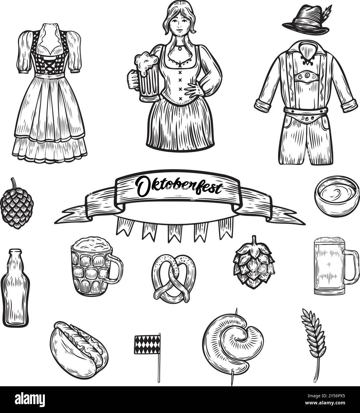 Engraved oktoberfest costumes and food vector illustration set Stock ...