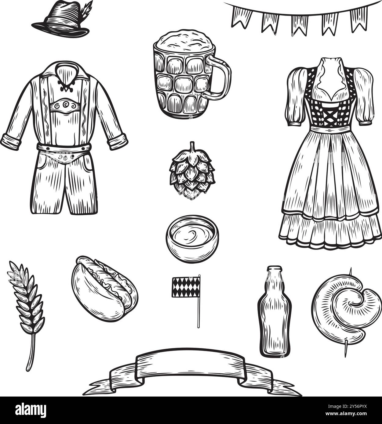 Oktoberfest food and people line drawing collection isolated on white
